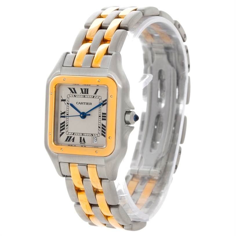 The image shows a Cartier Panthère watch at a three-quarter angle, displaying the face, bezel, and bracelet.