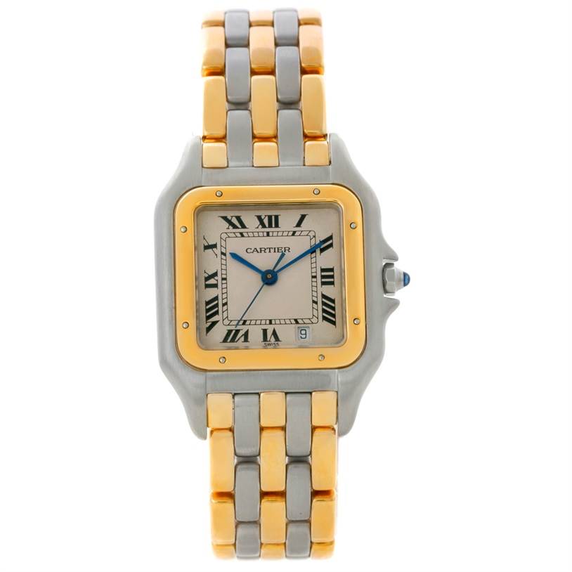 This image shows a front view of the Cartier Panthere W25028B8 Steel and Gold (two tone) Beige Dial W25028B8 Steel and Gold (two tone) Beige Dial watch, highlighting the face, bezel, and two-tone bracelet.