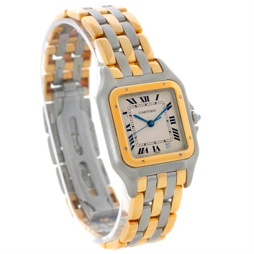 The image shows a Cartier Panthère watch from an angled view, highlighting its two-tone bracelet and square dial.