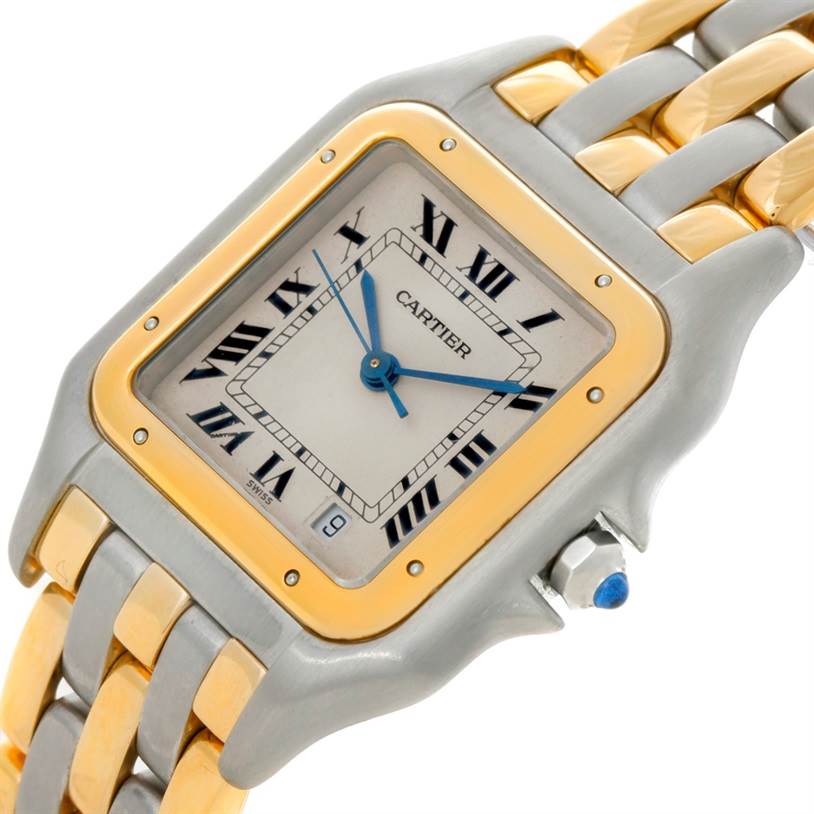 The Cartier Panthere W25028B8 Steel and Gold (two tone) Beige Dial W25028B8 Steel and Gold (two tone) Beige Dial watch is shown at an oblique angle, highlighting the face, bezel, and part of the bracelet.