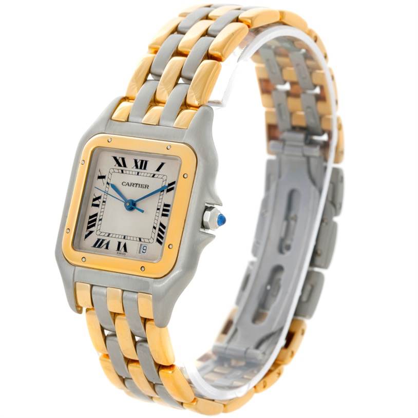 The image shows a Panthere de Cartier watch at a slight angle, highlighting its two-tone metal bracelet and square dial with Roman numerals.