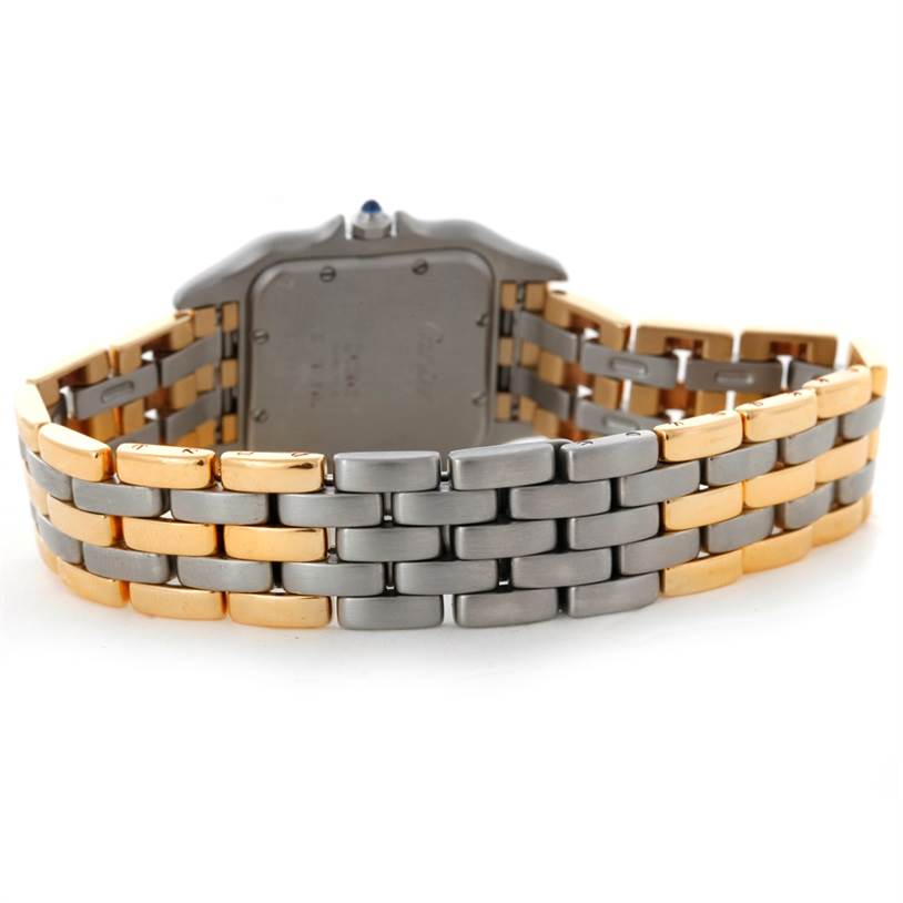 The image shows the back view of the two-tone bracelet and case of a Cartier Panthere W25028B8 Steel and Gold (two tone) Beige Dial W25028B8 Steel and Gold (two tone) Beige Dial watch.