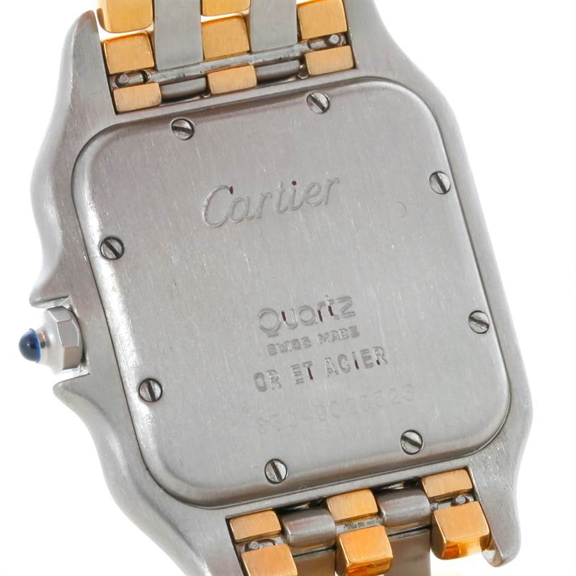 This image shows the back of the Cartier Panthere W25028B8 Steel and Gold (two tone) Beige Dial W25028B8 Steel and Gold (two tone) Beige Dial watch, highlighting the case back and part of the bracelet.