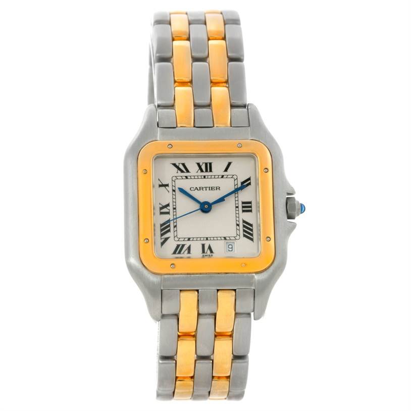 The Cartier Panthere W25028B6 Steel and Gold (two tone) Beige Dial W25028B6 Steel and Gold (two tone) Beige Dial watch is shown from a top-down angle, highlighting its face, bezel, and two-tone bracelet.