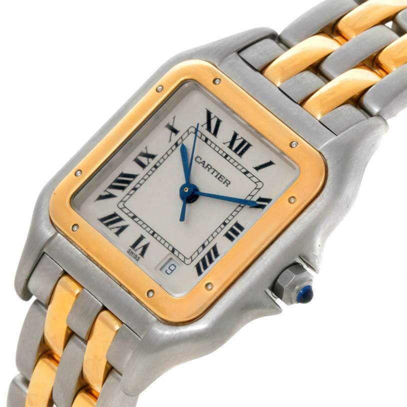 The image shows a close-up, top-angle view of the Cartier Panthere W25028B6 Steel and Gold (two tone) Beige Dial W25028B6 Steel and Gold (two tone) Beige Dial watch, highlighting its dial, bezel, and part of the bracelet.