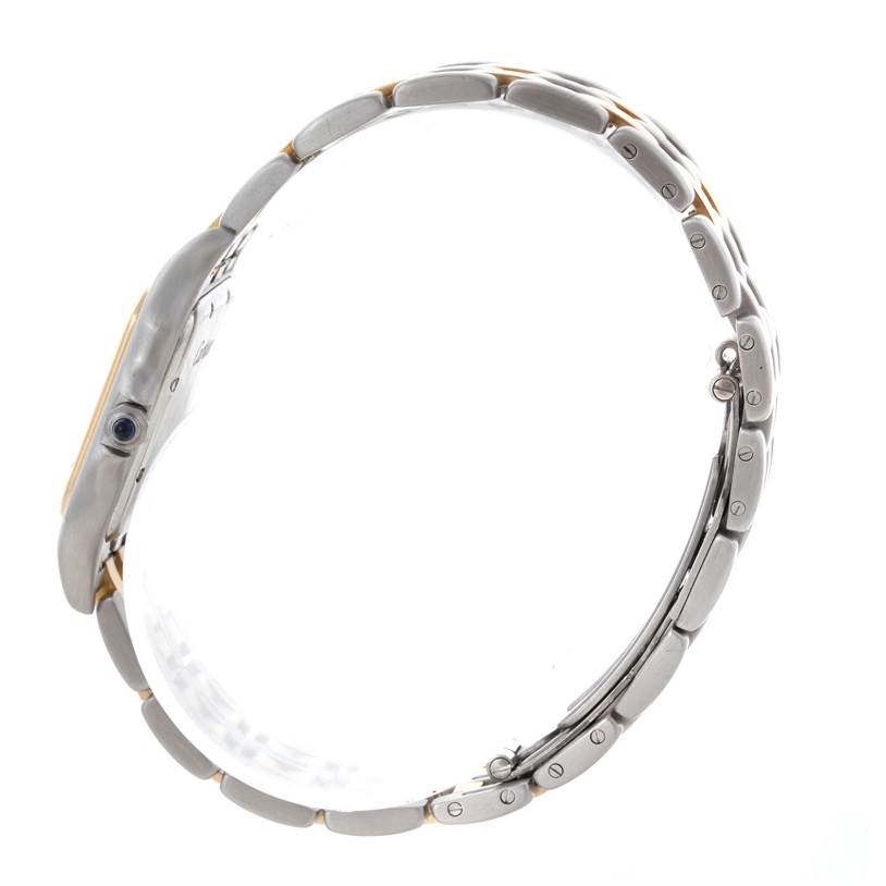 This image shows a side profile angle of the Cartier Panthere W25028B6 Steel and Gold (two tone) Beige Dial W25028B6 Steel and Gold (two tone) Beige Dial watch, focusing on its metal bracelet and case with visible screws.