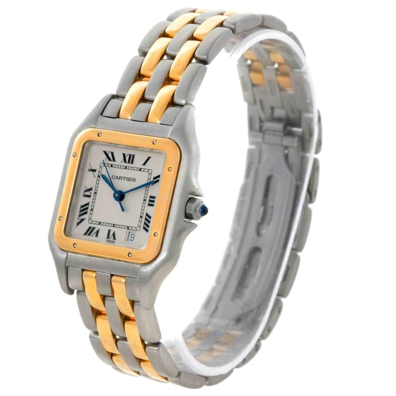 The image shows a Cartier Panthere W25028B6 Steel and Gold (two tone) Beige Dial W25028B6 Steel and Gold (two tone) Beige Dial watch angled to display the face, case, and two-tone bracelet.