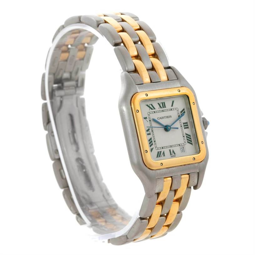 The image shows a front angle of the Cartier Panthere W25028B6 Steel and Gold (two tone) Beige Dial W25028B6 Steel and Gold (two tone) Beige Dial watch, highlighting its two-tone bracelet and square dial.