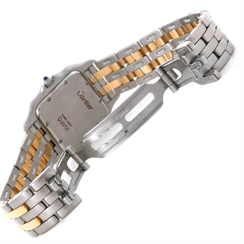 This image shows the back view and bracelet clasp of the Panthere model watch by Cartier.