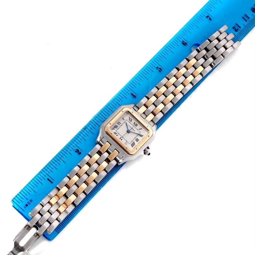 The image shows a Cartier Panthere W25028B6 Steel and Gold (two tone) Beige Dial W25028B6 Steel and Gold (two tone) Beige Dial watch lying flat, measured against a blue ruler.