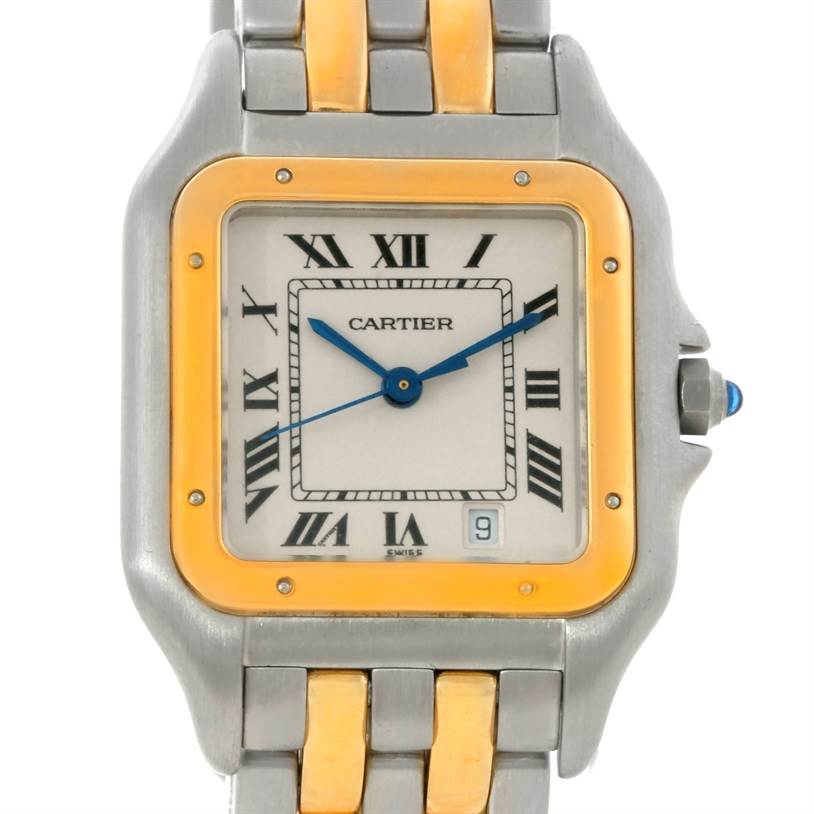 This image shows a frontal view of the Panthère de Cartier watch, highlighting the face, Roman numerals, bezel, hands, and part of the bracelet.