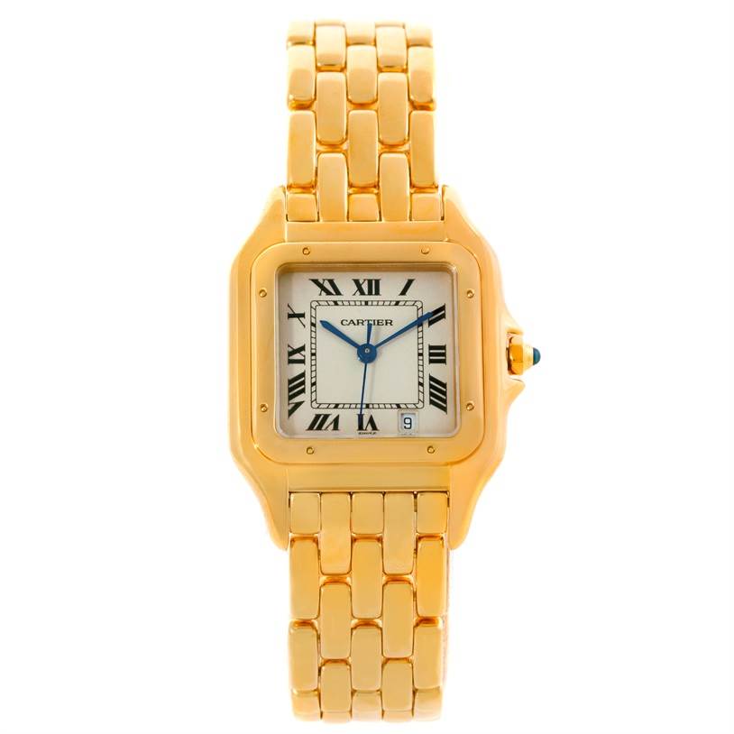 The image shows a front view of the Cartier Panthere Yellow Gold Silver Dial Yellow Gold Silver Dial watch displaying its face and full bracelet.