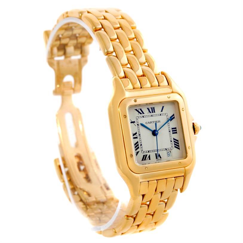 The image shows a Cartier Panthère watch from a three-quarter angle, detailing the face, case, and part of the bracelet.