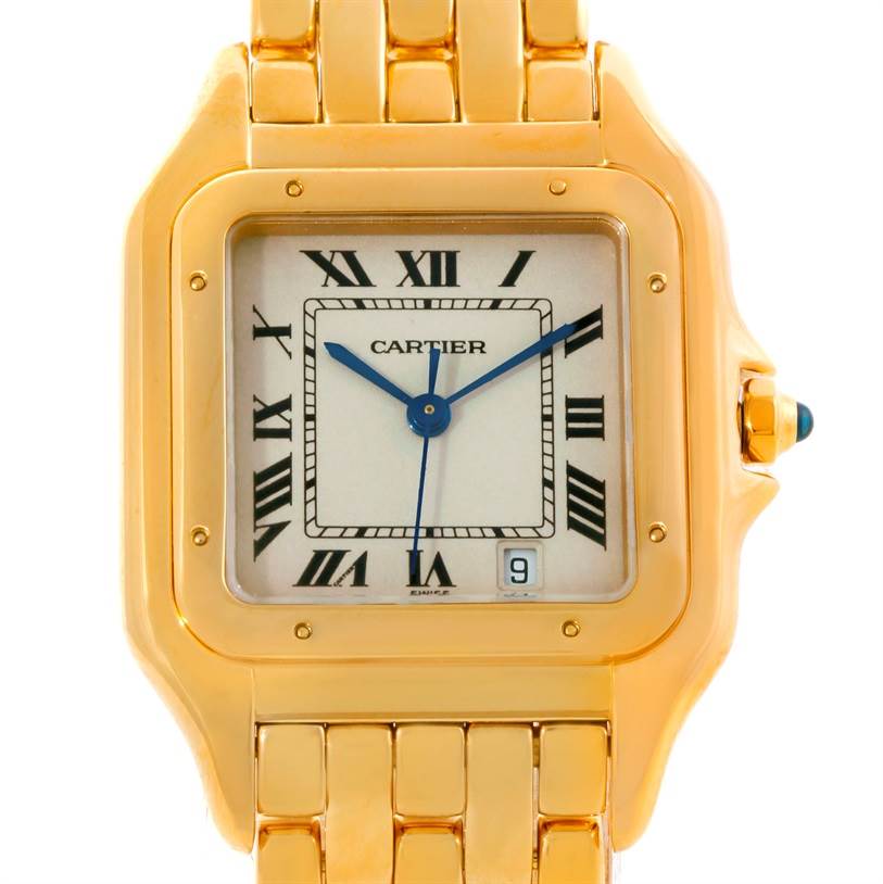 This image shows a frontal view of the Cartier Panthere Yellow Gold Silver Dial Yellow Gold Silver Dial watch, highlighting its face, bezel, crown, and part of the bracelet.