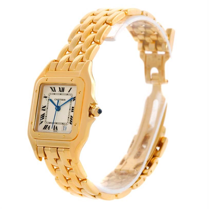 The image shows a Cartier Panthere Yellow Gold Silver Dial Yellow Gold Silver Dial watch at a three-quarter angle, highlighting the face, bezel, crown, and part of the bracelet.