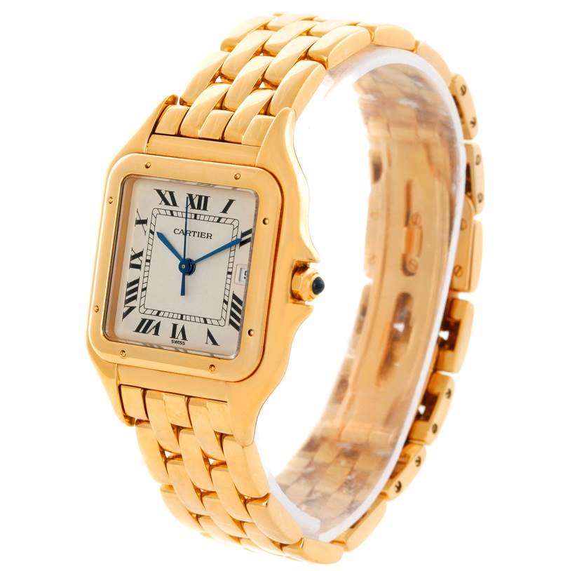 The image shows a side and angled view of the Cartier Panthere W25014B9 Men's Yellow Gold Silver Dial W25014B9 Men's Yellow Gold Silver Dial watch, highlighting the face, bezel, and bracelet.