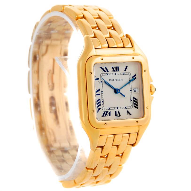 The image shows a Panthere model by Cartier from an angled view, highlighting the gold bracelet and square watch face with Roman numerals.
