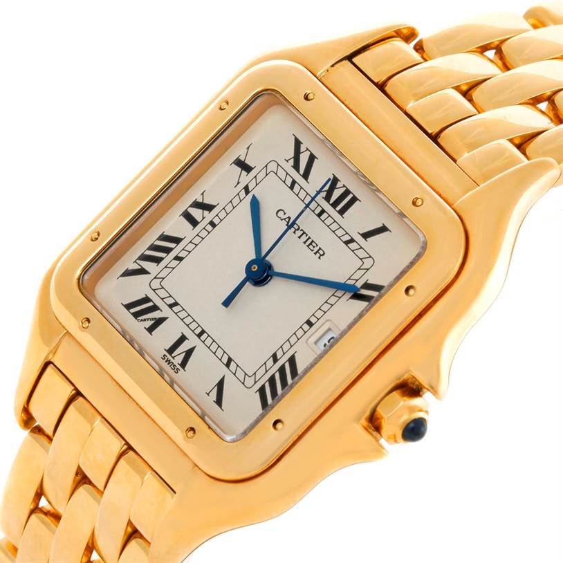 The image shows a close-up angle of the Cartier Panthere W25014B9 Men's Yellow Gold Silver Dial W25014B9 Men's Yellow Gold Silver Dial watch, highlighting its gold finish, Roman numeral dial, blue hands, and bracelet.