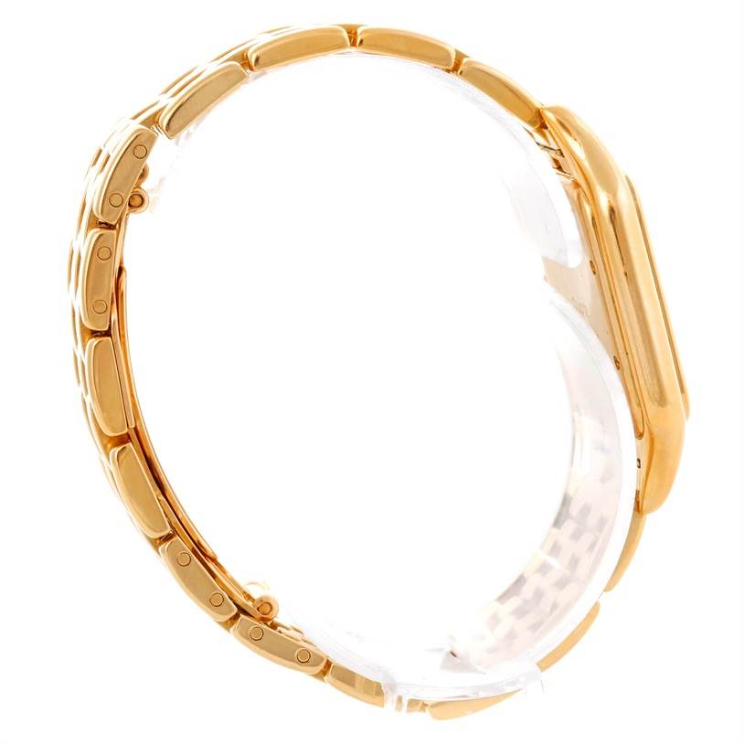 The image shows a side view of the Cartier Panthere W25014B9 Men's Yellow Gold Silver Dial W25014B9 Men's Yellow Gold Silver Dial model watch, focusing on the gold bracelet and case.