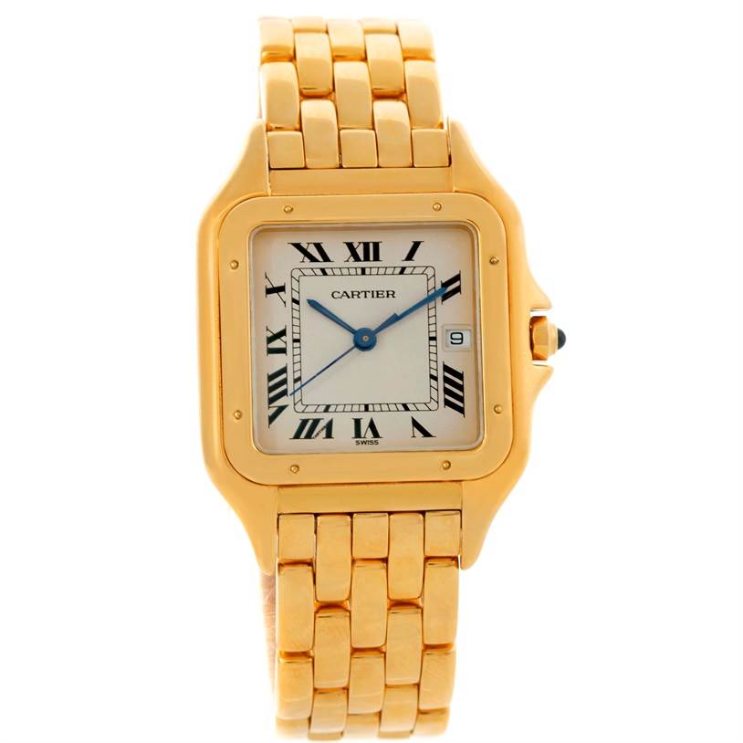 The image shows a front view of the Cartier Panthere W25014B9 Men's Yellow Gold Silver Dial W25014B9 Men's Yellow Gold Silver Dial model watch, highlighting the face, Roman numeral dial, and gold bracelet.