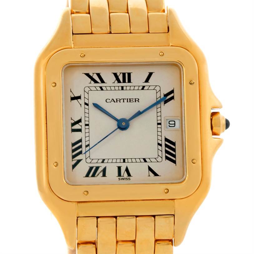 The image shows a front view of the Cartier Panthere W25014B9 Men's Yellow Gold Silver Dial W25014B9 Men's Yellow Gold Silver Dial watch, highlighting its gold case, Roman numeral dial, and link bracelet.