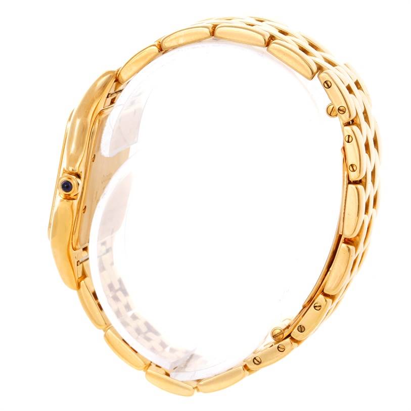 The image shows a side profile view of the Cartier Panthere W25014B9 Men's Yellow Gold Silver Dial W25014B9 Men's Yellow Gold Silver Dial model watch focusing on the gold bracelet and case side.