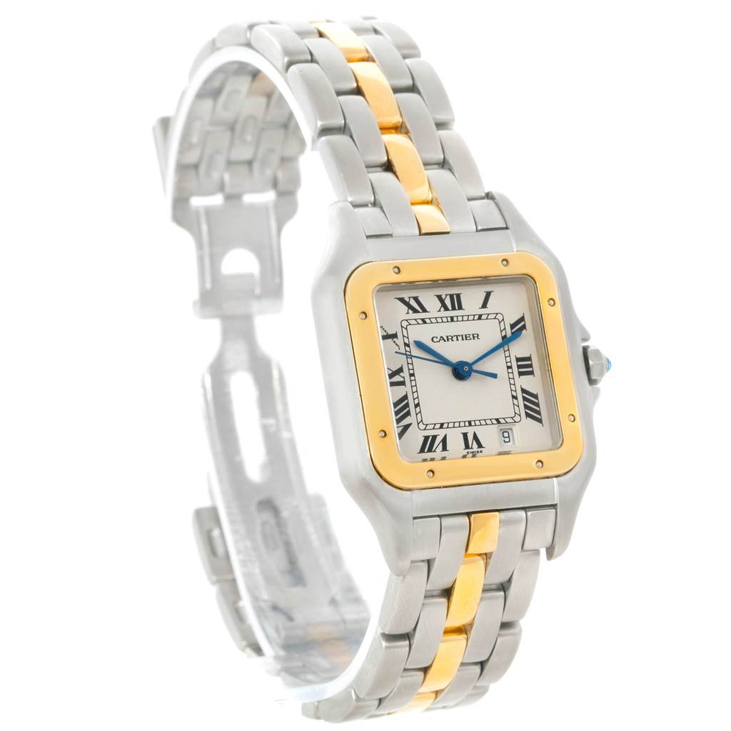 The image shows a Cartier Panthere W25028B5 Steel and Gold (two tone) Silver Dial W25028B5 Steel and Gold (two tone) Silver Dial watch, angled to highlight its square face, two-tone bracelet, and Roman numeral markers.