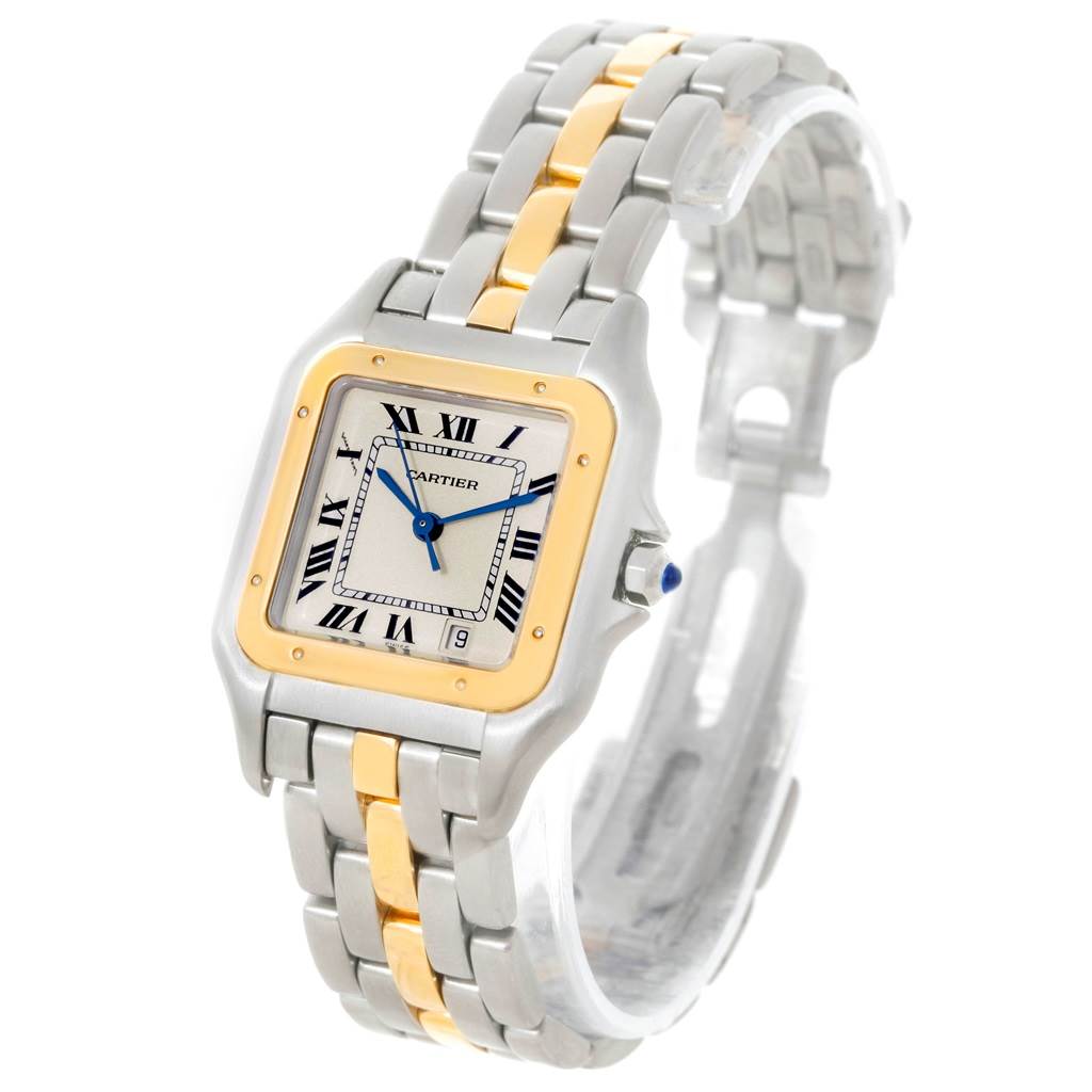 This Cartier Panthere W25028B5 Steel and Gold (two tone) Silver Dial W25028B5 Steel and Gold (two tone) Silver Dial watch is shown at a slight angle, displaying the face, bezel, and two-tone metal bracelet.