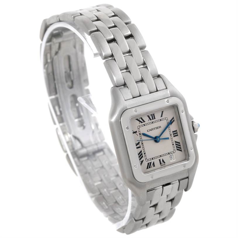 The image showcases a Cartier Panthere W25054P5 Men
s Stainless Steel Silver Dial W25054P5 Men
s Stainless Steel Silver Dial watch angled to highlight its face, bracelet, and clasp.