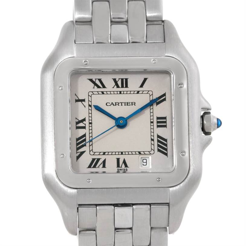 The image shows a front view of the Cartier Panthère watch, highlighting its face, bezel, and part of the bracelet.
