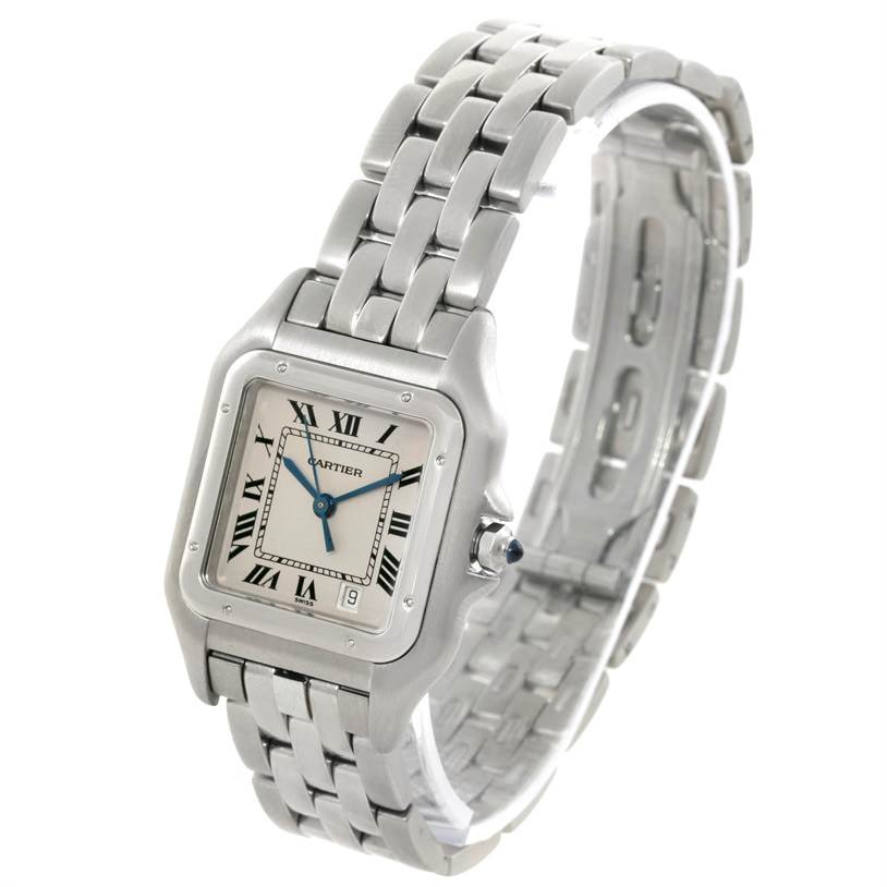 The image shows a Cartier Panthere W25054P5 Men
s Stainless Steel Silver Dial W25054P5 Men
s Stainless Steel Silver Dial model watch at a slight angle, highlighting its face, bracelet, and crown.