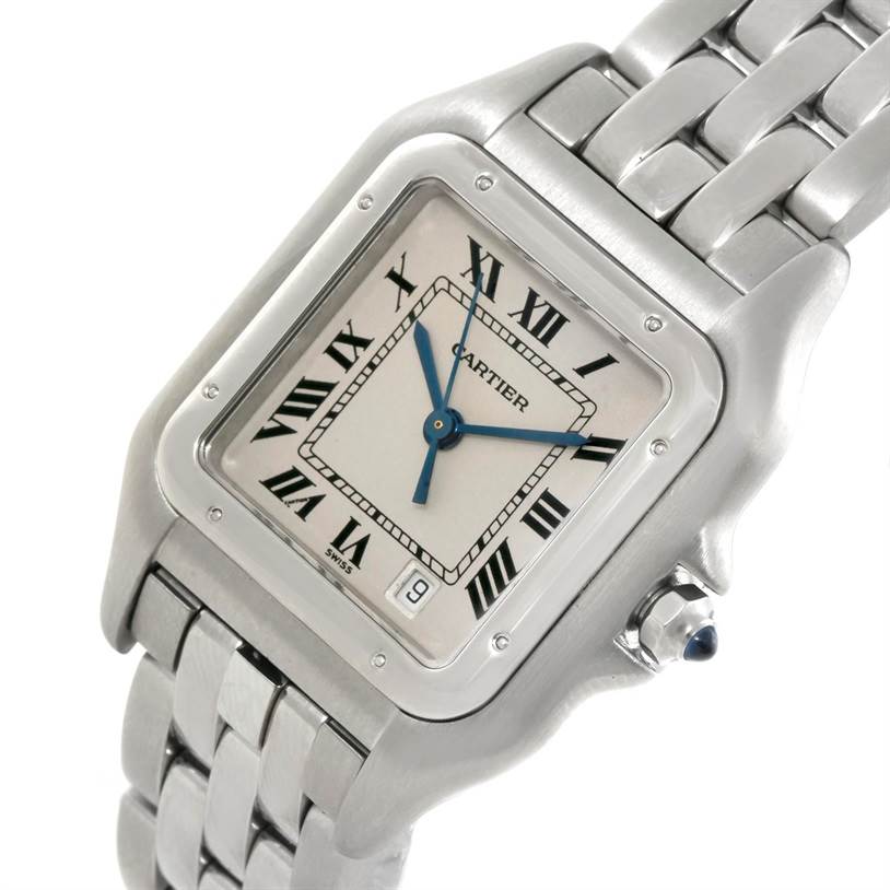 The image shows a close-up view of a Cartier Panthere W25054P5 Men
s Stainless Steel Silver Dial W25054P5 Men
s Stainless Steel Silver Dial watch face, band, and crown, angled slightly from the front.