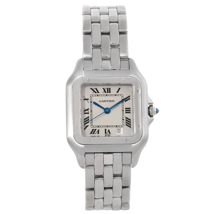 This Cartier Panthere W25054P5 Men
s Stainless Steel Silver Dial W25054P5 Men
s Stainless Steel Silver Dial model watch is shown from a top-down angle, displaying its face, bracelet, and crown.