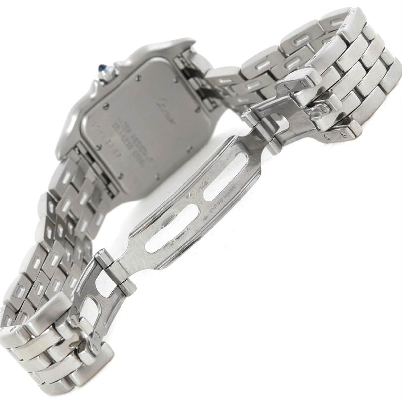 The image shows the back and clasp of the Cartier Panthere W25054P5 Men
s Stainless Steel Silver Dial W25054P5 Men
s Stainless Steel Silver Dial watch at an angle, highlighting its bracelet and deployment buckle.