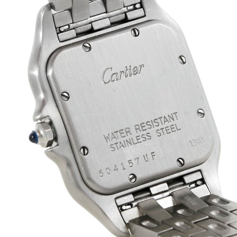 The image shows the back case and part of the bracelet of a Cartier Panthere W25054P5 Men
s Stainless Steel Silver Dial W25054P5 Men
s Stainless Steel Silver Dial watch.