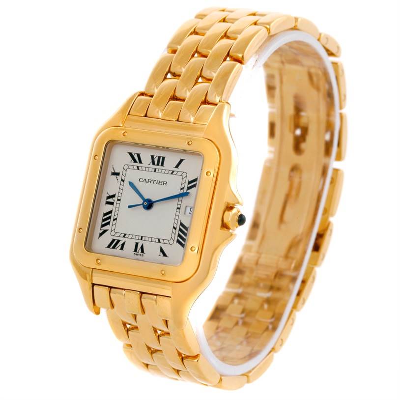 This image shows a gold Cartier Panthère watch at an oblique angle, displaying the face, case, and bracelet.