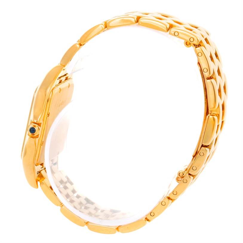 A side view of the Cartier Panthere W25014B9 Men's Yellow Gold Silver Dial W25014B9 Men's Yellow Gold Silver Dial watch, showing its gold case, bracelet, and crown.