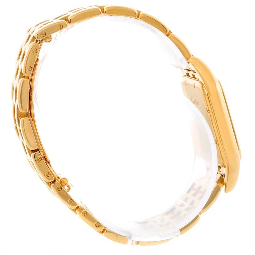 The image displays a side view of the bracelet and case of a Cartier Panthère watch in gold.