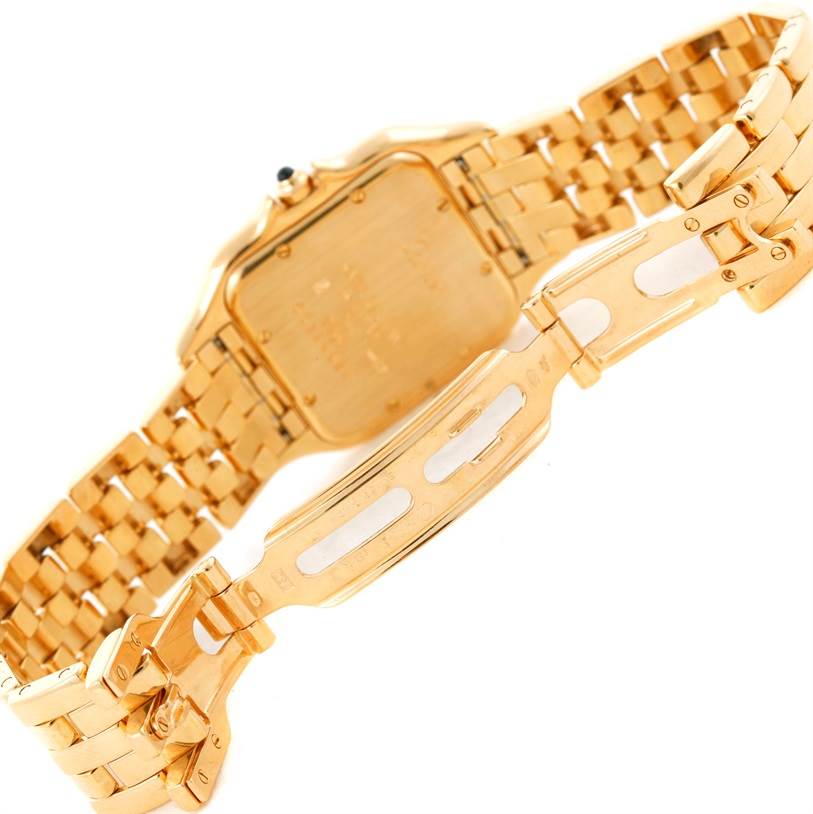 The image shows the back and clasp of the gold Cartier Panthere W25014B9 Men's Yellow Gold Silver Dial W25014B9 Men's Yellow Gold Silver Dial model watch, highlighting its bracelet and deployment clasp.