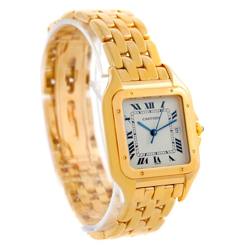 The image shows a Cartier Panthere W25014B9 Men's Yellow Gold Silver Dial W25014B9 Men's Yellow Gold Silver Dial model watch at an angled view, highlighting its gold bracelet, bezel, and dial with Roman numerals.