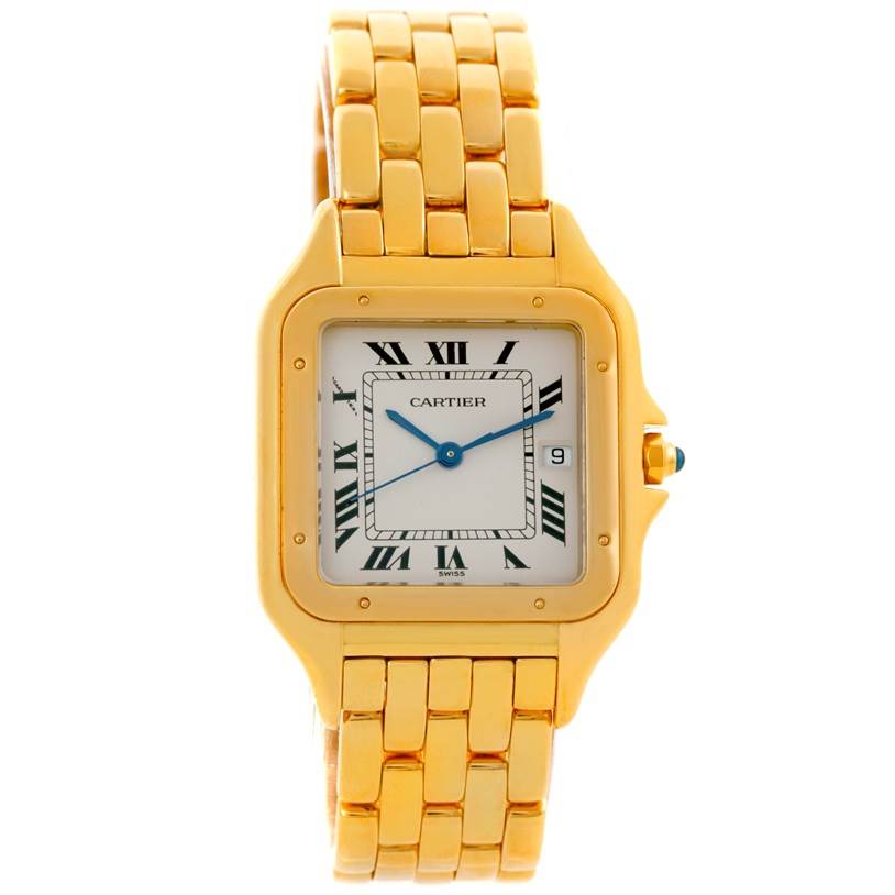 The image shows a front view of a Cartier Panthere W25014B9 Men's Yellow Gold Silver Dial W25014B9 Men's Yellow Gold Silver Dial watch, featuring its gold bezel, Roman numeral dial, and gold bracelet.