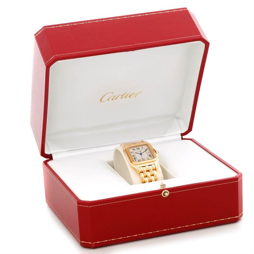 The Cartier Panthere W25014B9 Men's Yellow Gold Silver Dial W25014B9 Men's Yellow Gold Silver Dial watch is shown in its red and white presentation box, viewed from the front.