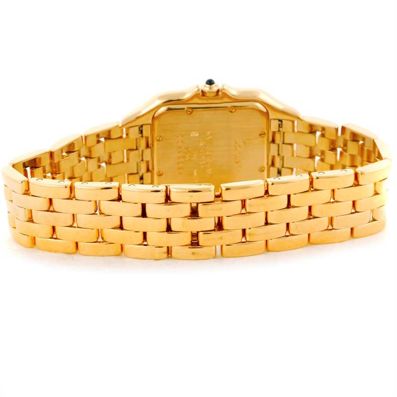This image shows the back and bracelet of a Panthere model watch by Cartier, featuring a gold finish.
