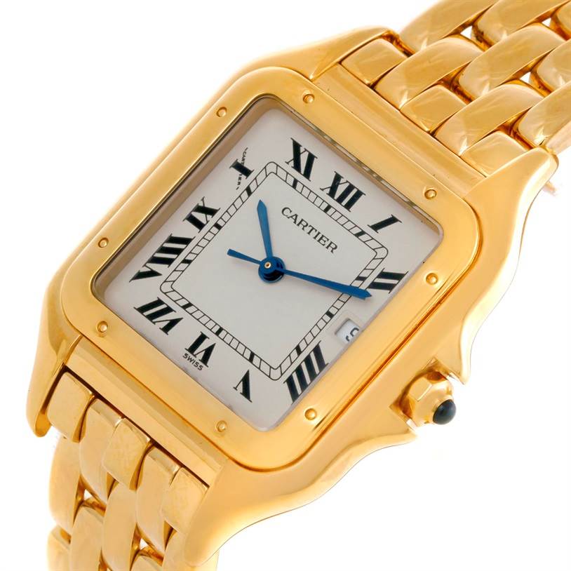 The image shows a close-up angle of the Cartier Panthere W25014B9 Men's Yellow Gold Silver Dial W25014B9 Men's Yellow Gold Silver Dial watch, highlighting its gold band, square face, and Roman numeral dial.