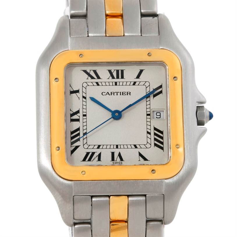 The image shows a front view of the Cartier Panthere Steel and Gold (two tone) Silver Dial Steel and Gold (two tone) Silver Dial watch displaying its face, bezel, and part of its bracelet.