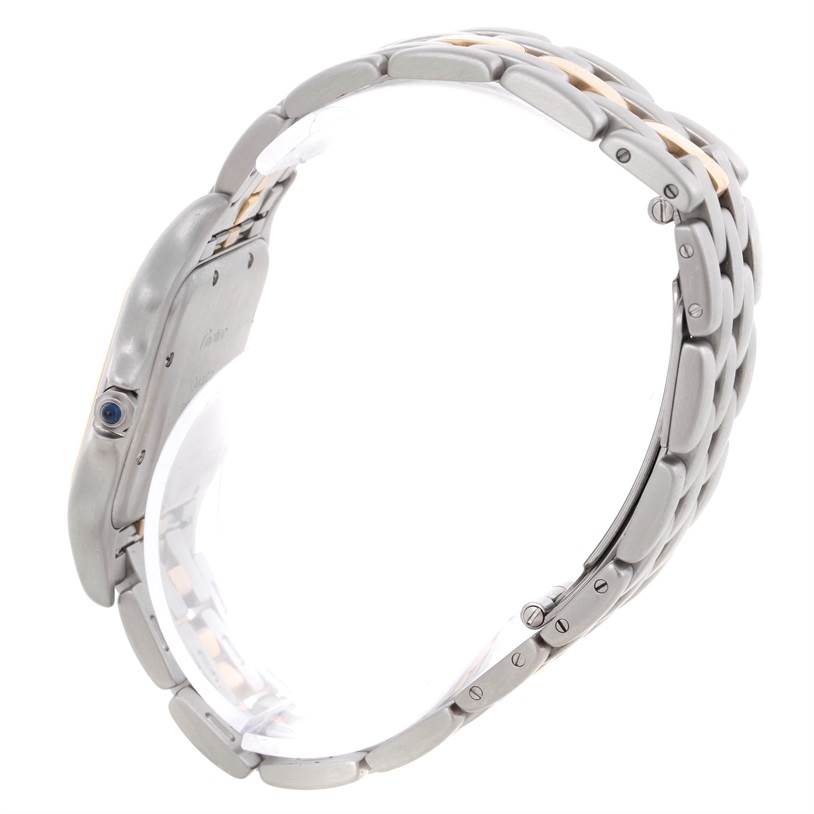 This image shows a side view of the Cartier Panthere Steel and Gold (two tone) Silver Dial Steel and Gold (two tone) Silver Dial model watch, highlighting its bracelet and crown.