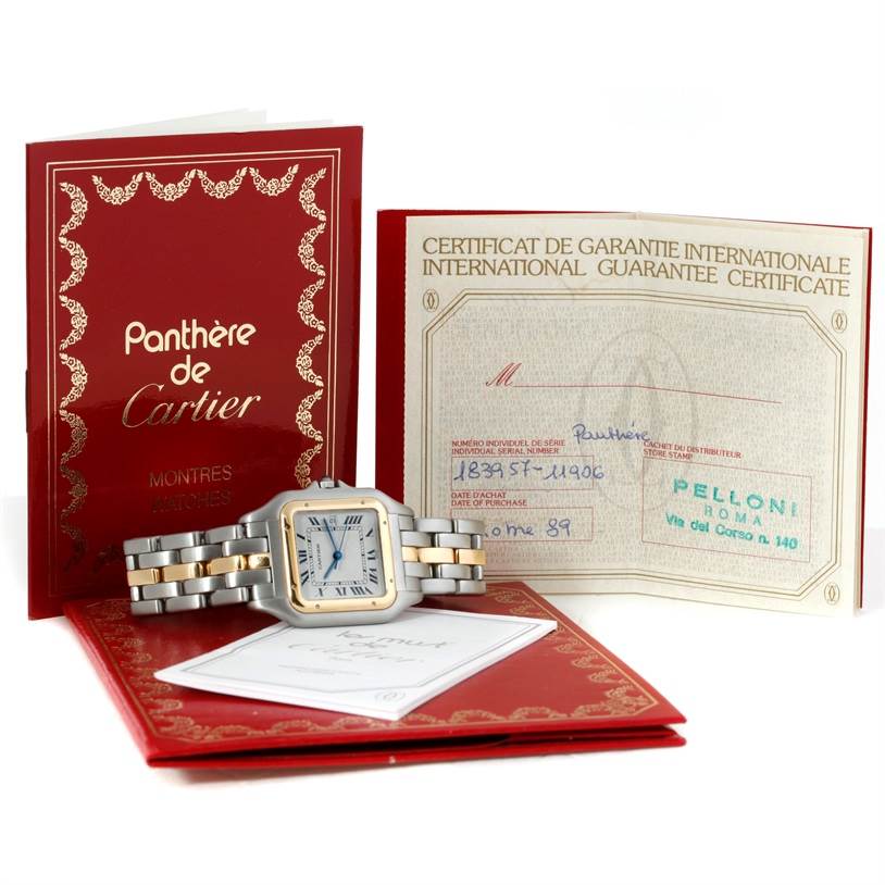 The image shows a Cartier Panthere Steel and Gold (two tone) Silver Dial Steel and Gold (two tone) Silver Dial watch with its guarantee certificate and booklets, photographed at a front-facing angle.