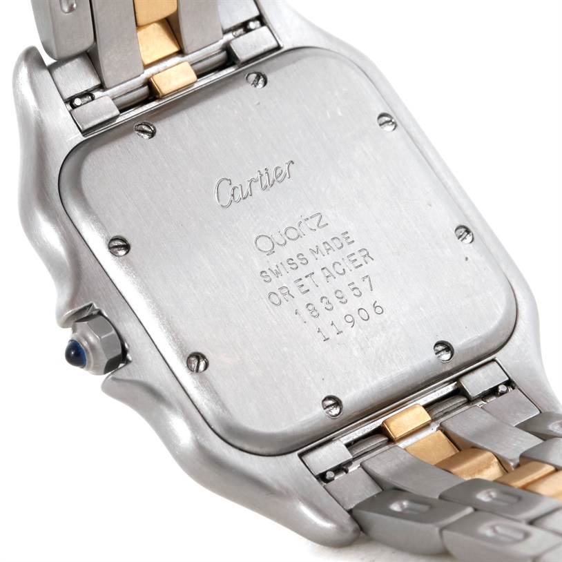 This image shows the back case and part of the bracelet of the Panthere model watch by Cartier.