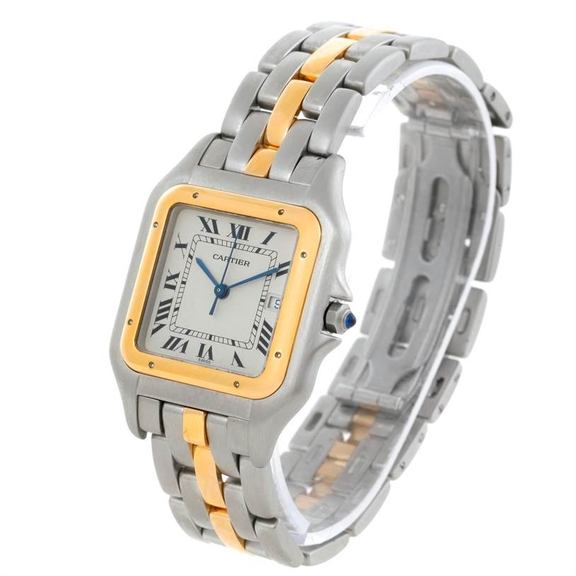 This image shows the front and side view of the Cartier Panthere Steel and Gold (two tone) Silver Dial Steel and Gold (two tone) Silver Dial model watch, highlighting its face and metal bracelet.