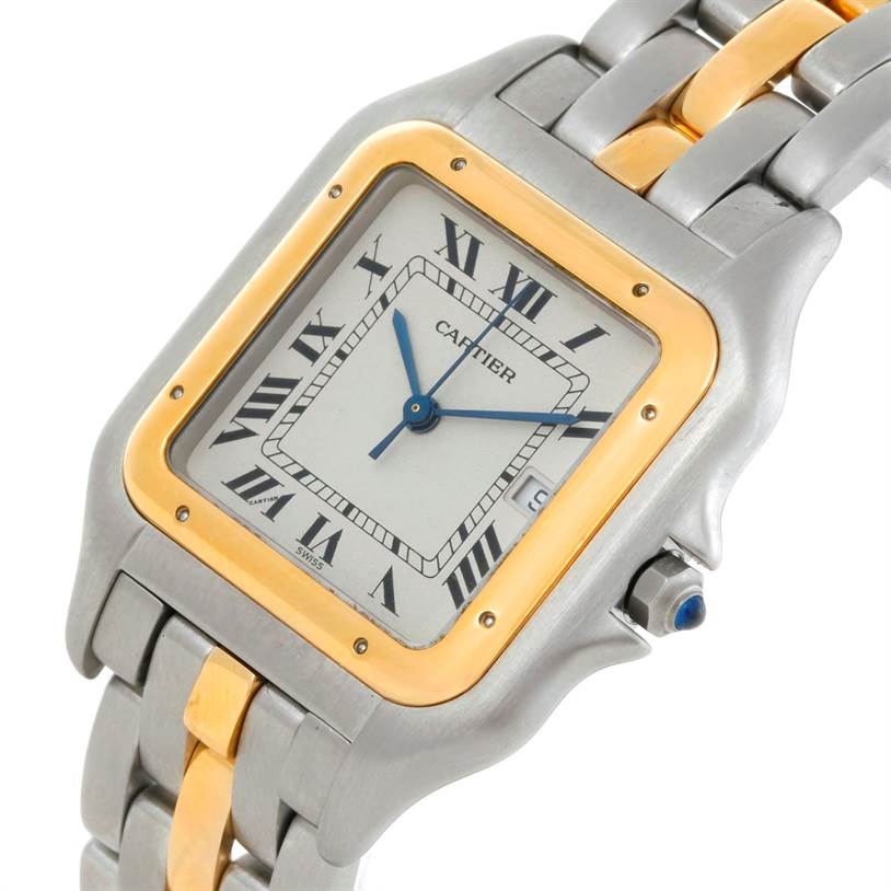 This image shows a close-up of the dial, bezel, and partial strap of a Cartier Panthere Steel and Gold (two tone) Silver Dial Steel and Gold (two tone) Silver Dial watch.